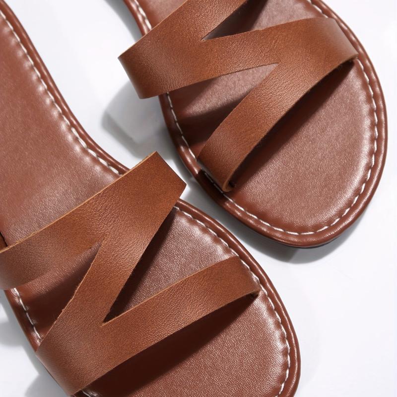 Women's Casual Leather Sandals Open Toe Slip On Flat Slippers
