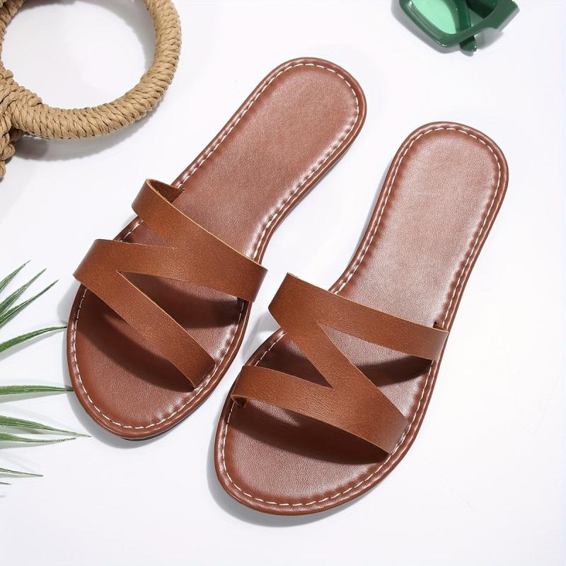 Women's Casual Leather Sandals Open Toe Slip On Flat Slippers