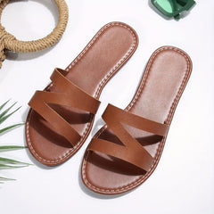 Women's Casual Leather Sandals Open Toe Slip On Flat Slippers