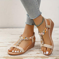 Boho Wedge Sandals Pearl Decor Braided Strap Slip On Beach Sandals