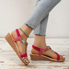 Boho Wedge Sandals Pearl Decor Braided Strap Slip On Beach Sandals