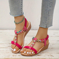 Boho Wedge Sandals Pearl Decor Braided Strap Slip On Beach Sandals