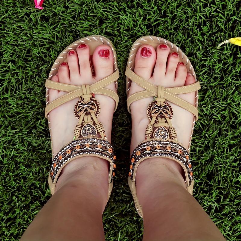 Boho Style Flat Sandals Rhinestone Butterfly Elastic Strap Shoes