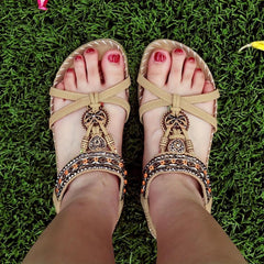 Boho Style Flat Sandals Rhinestone Butterfly Elastic Strap Shoes