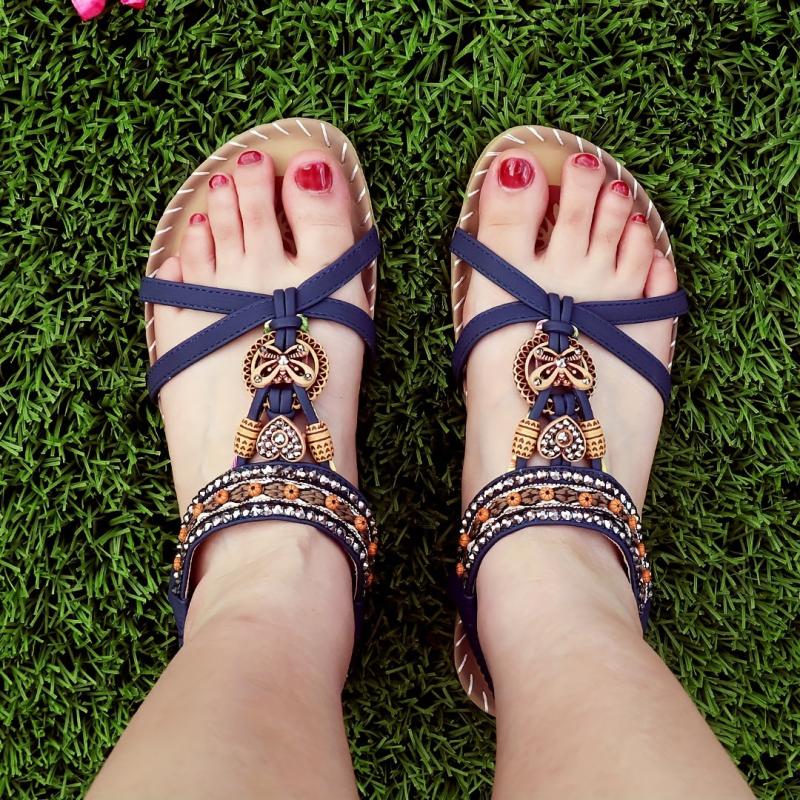 Boho Style Flat Sandals Rhinestone Butterfly Elastic Strap Shoes