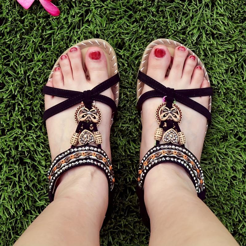 Boho Style Flat Sandals Rhinestone Butterfly Elastic Strap Shoes