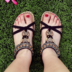 Boho Style Flat Sandals Rhinestone Butterfly Elastic Strap Shoes