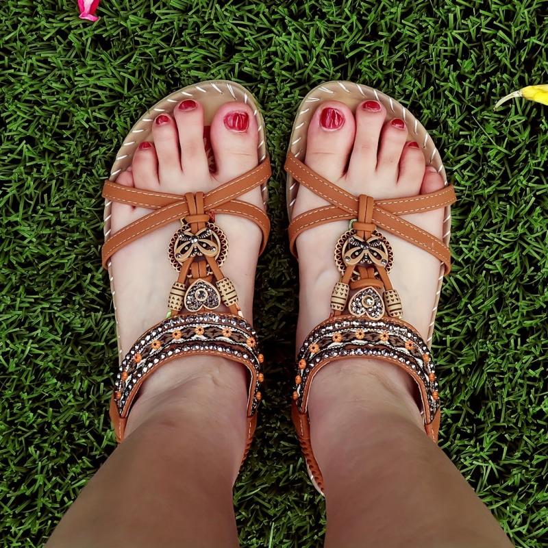 Boho Style Flat Sandals Rhinestone Butterfly Elastic Strap Shoes