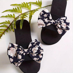 Women's Floral Print Bow Flat Slippers Arch Support Non Slip Beach Shoes