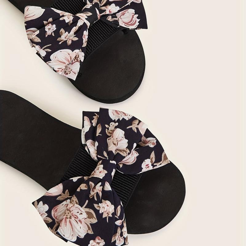 Women's Floral Print Bow Flat Slippers Arch Support Non Slip Beach Shoes