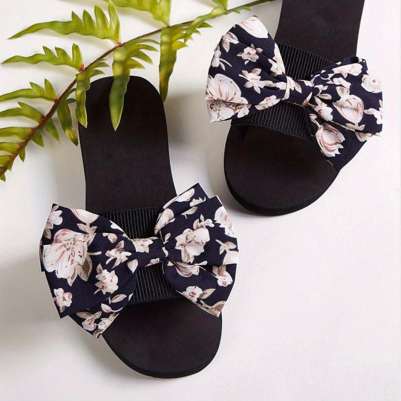 Women's Floral Print Bow Flat Slippers Arch Support Non Slip Beach Shoes