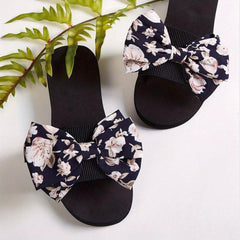 Women's Floral Print Bow Flat Slippers Arch Support Non Slip Beach Shoes