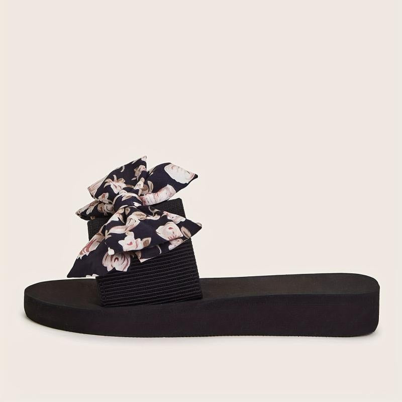 Women's Floral Print Bow Flat Slippers Arch Support Non Slip Beach Shoes