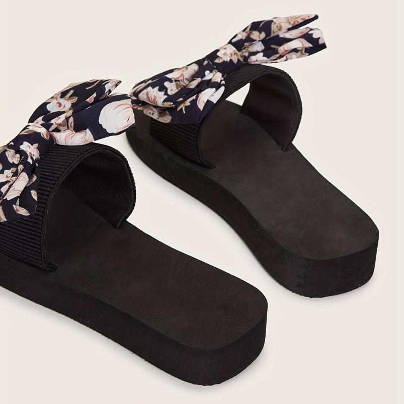 Women's Floral Print Bow Flat Slippers Arch Support Non Slip Beach Shoes