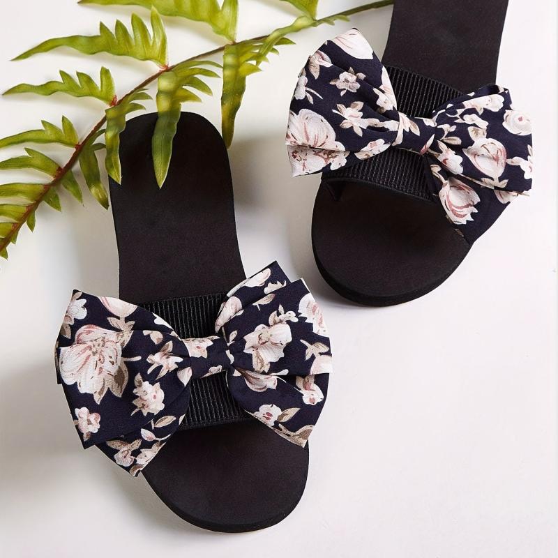Women's Floral Print Bow Flat Slippers Arch Support Non Slip Beach Shoes