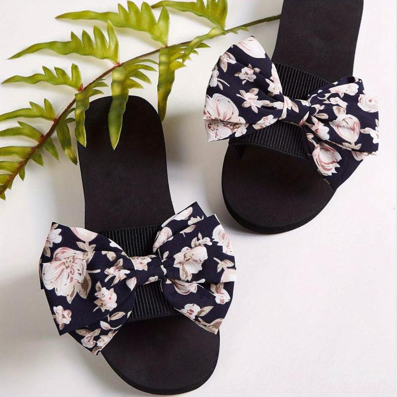 Women's Floral Print Bow Flat Slippers Arch Support Non Slip Beach Shoes