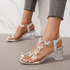 Chunky Heeled Sandals Butterfly Rhinestone Pearl Open Toe Mid Heels