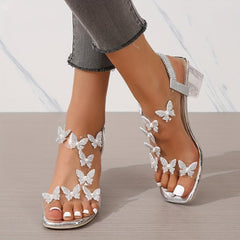 Chunky Heeled Sandals Butterfly Rhinestone Pearl Open Toe Mid Heels