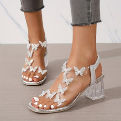 Chunky Heeled Sandals Butterfly Rhinestone Pearl Open Toe Mid Heels