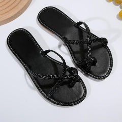 Women's Braided Flat Slide Sandals, Toe Loop Slip On Casual Beach Shoes