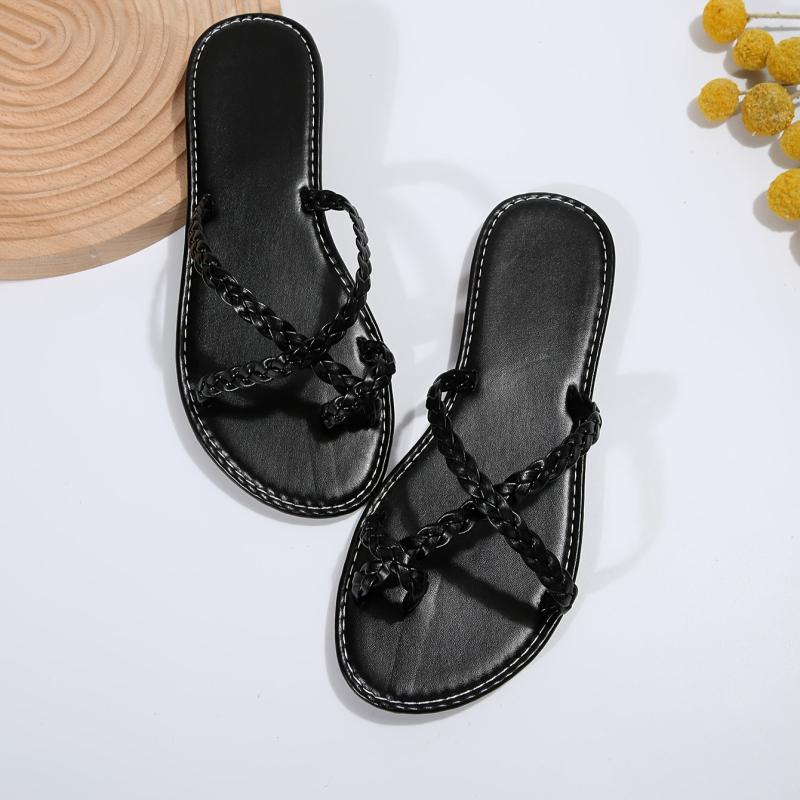Women's Braided Flat Slide Sandals, Toe Loop Slip On Casual Beach Shoes