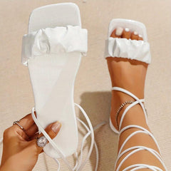 Women's Ruched Slide Sandals Lace Up Flat Shoes