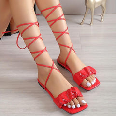 Women's Ruched Slide Sandals Lace Up Flat Shoes