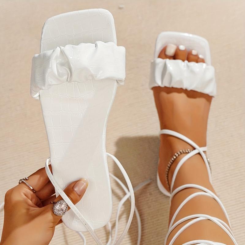 Women's Ruched Slide Sandals Lace Up Flat Shoes