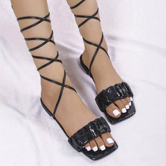 Women's Ruched Slide Sandals Lace Up Flat Shoes