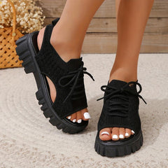 Women's Breathable Platform Sandals Open Toe Lace Up Shoes