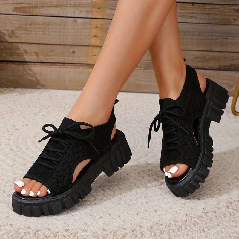 Women's Breathable Platform Sandals Open Toe Lace Up Shoes