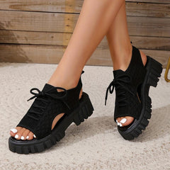 Women's Breathable Platform Sandals Open Toe Lace Up Shoes