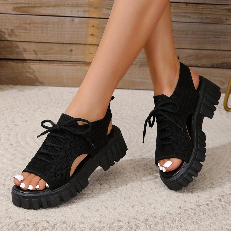 Women's Breathable Platform Sandals Open Toe Lace Up Shoes