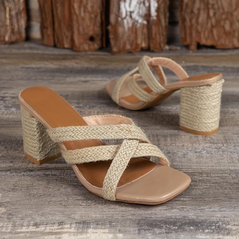 Women's Straw Block Heeled Sandals Cross Strap Comfortable Square Toe Pumps