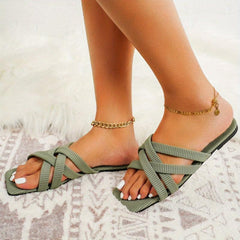Women's Solid Square Open Toe Flat Slides Cross Strap Casual Slide Shoes