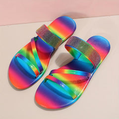 Women's Rhinestone Flat Slides Open Toe Slip On Sandals