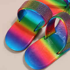 Women's Rhinestone Flat Slides Open Toe Slip On Sandals