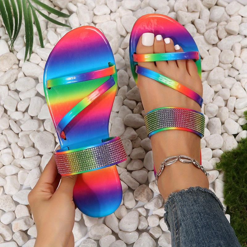 Women's Rhinestone Flat Slides Open Toe Slip On Sandals