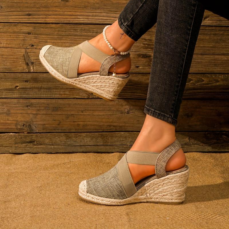 Bandage Sandals Linen Cross Strap Rubber Hemp Rope Wedge Shoes