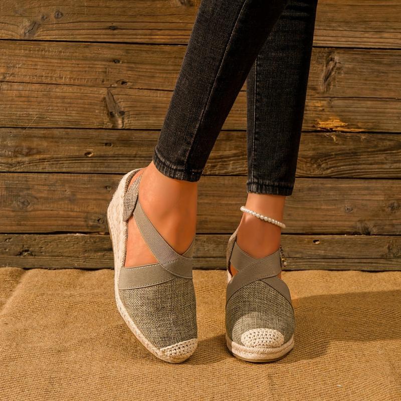 Bandage Sandals Linen Cross Strap Rubber Hemp Rope Wedge Shoes
