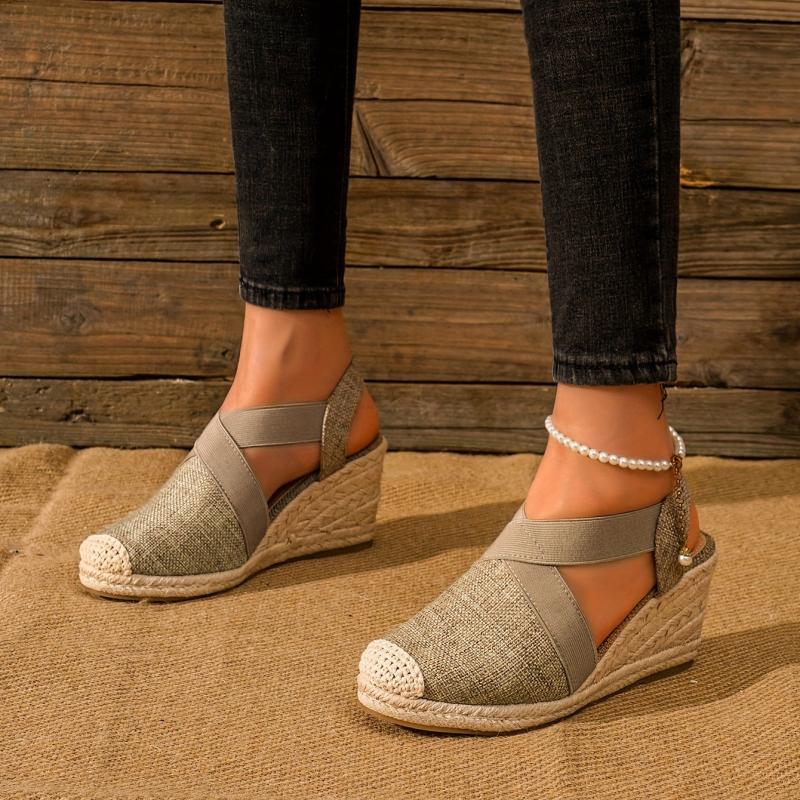 Bandage Sandals Linen Cross Strap Rubber Hemp Rope Wedge Shoes