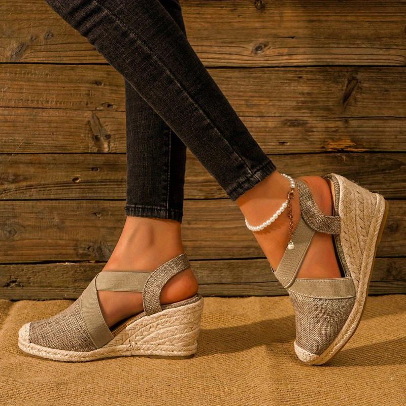 Bandage Sandals Linen Cross Strap Rubber Hemp Rope Wedge Shoes