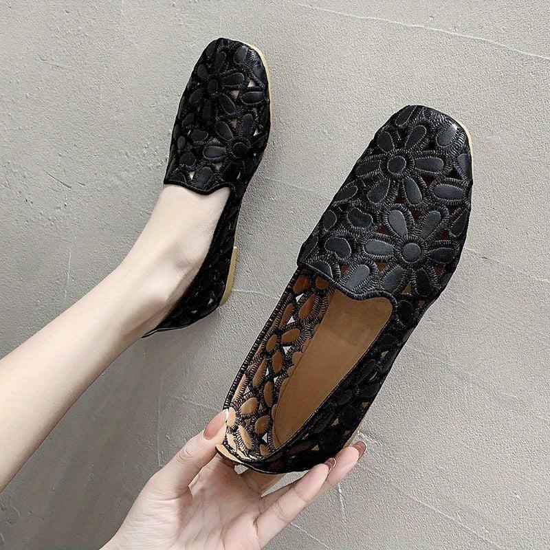 Floral Embroidered Flat Shoes, Square Toe Slip On Casual Flats