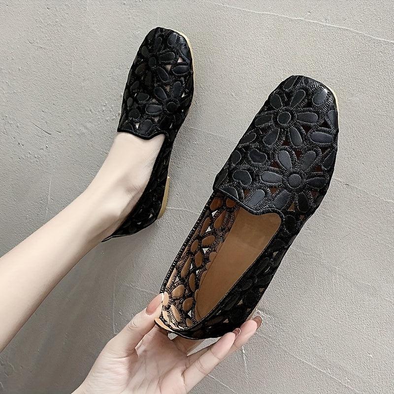 Floral Embroidered Flat Shoes, Square Toe Slip On Casual Flats
