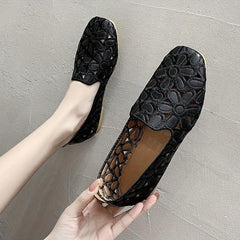 Floral Embroidered Flat Shoes, Square Toe Slip On Casual Flats