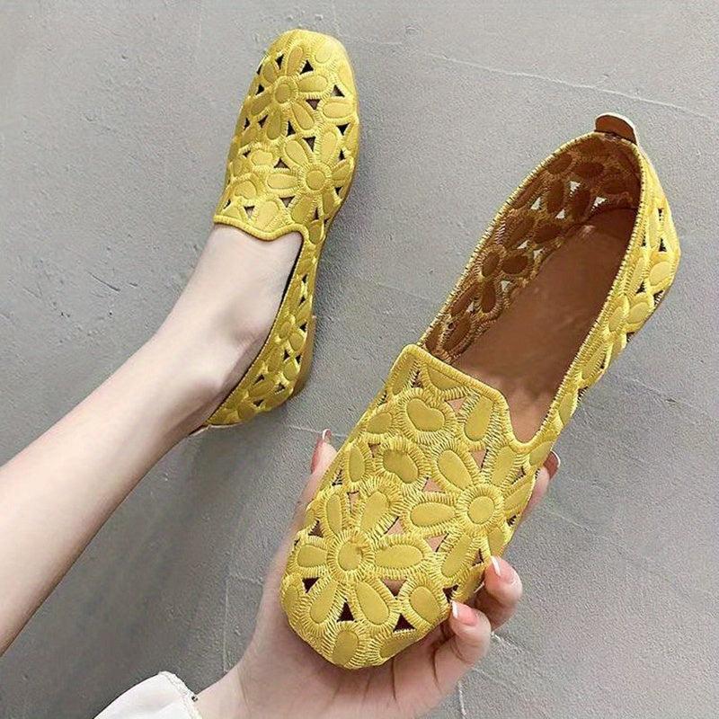 Floral Embroidered Flat Shoes, Square Toe Slip On Casual Flats