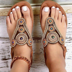 Boho Flat Thong Sandals Open Toe Elastic T-strap Slip On Outdoor Beach Sandals