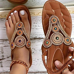 Boho Flat Thong Sandals Open Toe Elastic T-strap Slip On Outdoor Beach Sandals
