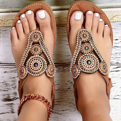 Boho Flat Thong Sandals Open Toe Elastic T-strap Slip On Outdoor Beach Sandals