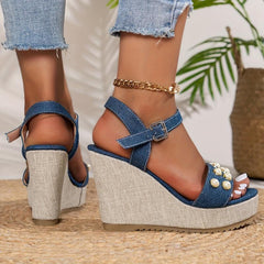 Women's Faux Pearl Wedge Sandals Buckle Strap Platform Comfort Canvas Shoes